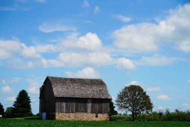 Eski ahşap terk edilmiş çiftlik ahırı, Wisconsin 'in dışında bir tarlada duruyor..