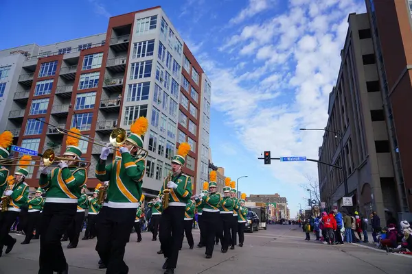 stock image Green Bay, Wisconsin / USA - November 23rd, 2019: Green Bay Preble High School Hornets musical marching band marched in 36th Annual Prevea Green Bay Holiday Parade hosted by Downtown Green Bay.