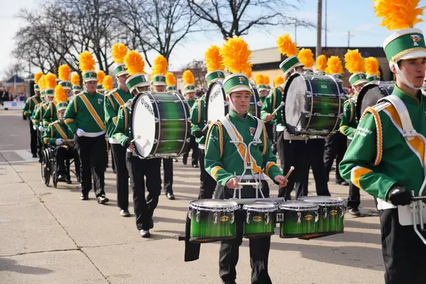 stock image Green Bay, Wisconsin / USA - November 23rd, 2019: Green Bay Preble High School Hornets musical marching band marched in 36th Annual Prevea Green Bay Holiday Parade hosted by Downtown Green Bay.