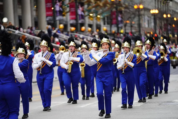 stock image Chicago, Illinois / USA - November 28th 2019: St Francis Borgia Regional High School Knights Musical Marching band marched in 2019 Uncle Dan's Chicago Thanksgiving Parade.