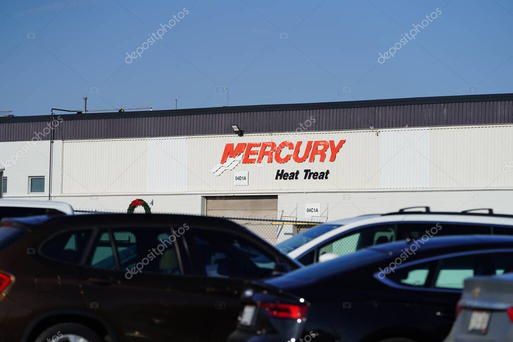 Fond du Lac, Wisconsin USA - December 10th, 2023: Mercury Marine boat motor engineering company logo on the side of the building advertising to the community.