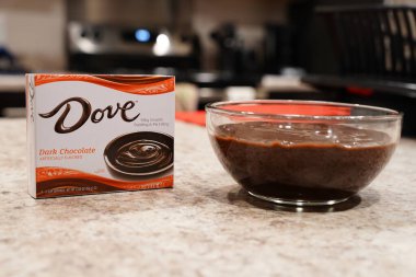 Fond du Lac, Wisconsin USA - 15 Şubat 2024: Bir kutu Dove Dark Chocolate puding bir kase çikolatalı pudingin yanında duruyor.