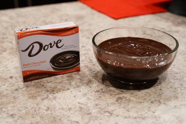 Fond du Lac, Wisconsin USA - 15 Şubat 2024: Bir kutu Dove Dark Chocolate puding bir kase çikolatalı pudingin yanında duruyor.