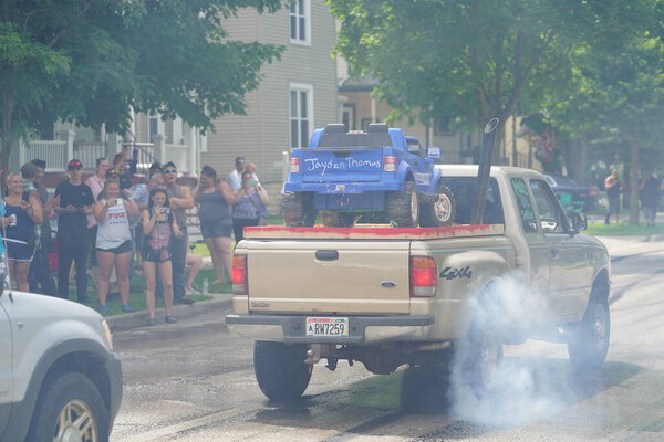 Fond du Lac, Wisconsin / USA - July 18th, 2020: Members of fond du lac did burnouts in the trucks in the streets.