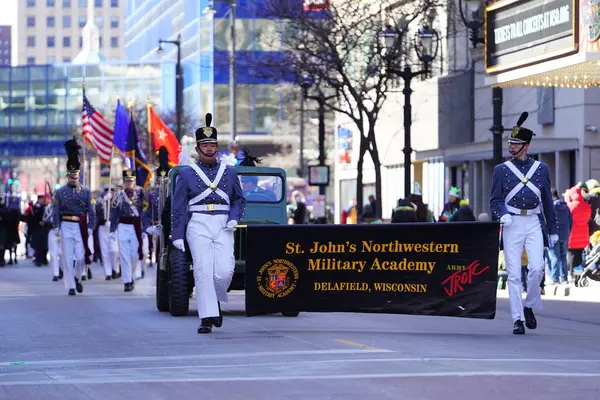 Stock image Milwaukee, Wisconsin USA - March 12th, 2022: St. John's Northwestern Military Academy marched in St. Patrick's Day parade in uniform.