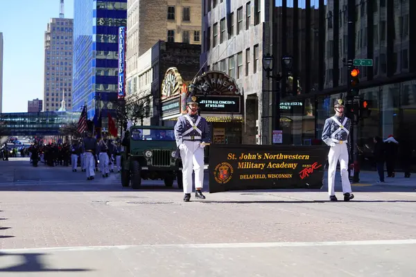 Stock image Milwaukee, Wisconsin USA - March 12th, 2022: St. John's Northwestern Military Academy marched in St. Patrick's Day parade in uniform.