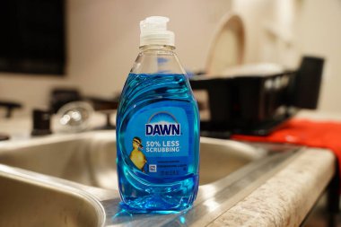 Fond du Lac, Wisconsin USA - 2 Nisan 2024: Mavi bir şişe Dawn deterjanı lavaboda duruyor.