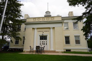 Burlington, Wisconsin USA - May 4th, 2024: Historical site Lincoln school building being preserved.