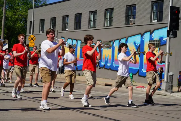 Stock image Appleton, Wisconsin USA - June 8th, 2024: High school marching band marched through the Flag Day Parade.