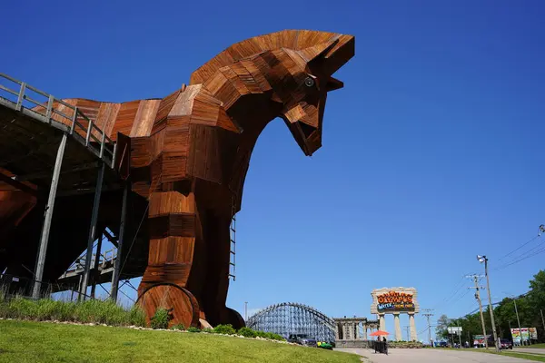 stock image Wisconsin Dells, Wisconsin USA - May 25th, 2024: Wooden Trojan Horse go kart track at Mt. Olympus.