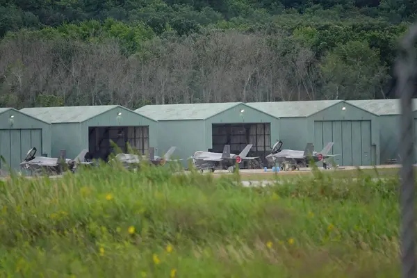 stock image Camp Douglas, Wisconsin USA - August 9th, 2024: United States Air Force fighter jets F-35 and F-16 took off and landed at Volk Air Field during the Northern Lighting Combat training exercise.