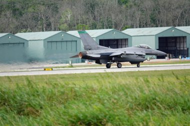 Douglas Kampı, Wisconsin ABD - 9 Ağustos 2024: Birleşik Devletler Hava Kuvvetleri savaş uçakları F-35 ve F-16, Kuzey Işıklı Savaş tatbikatı sırasında Volk Hava Sahası 'na iniş yaptı..