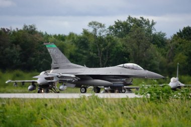 Douglas Kampı, Wisconsin ABD - 9 Ağustos 2024: Birleşik Devletler Hava Kuvvetleri savaş uçakları F-35 ve F-16, Kuzey Işıklı Savaş tatbikatı sırasında Volk Hava Sahası 'na iniş yaptı..