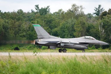 Douglas Kampı, Wisconsin ABD - 9 Ağustos 2024: Birleşik Devletler Hava Kuvvetleri savaş uçakları F-35 ve F-16, Kuzey Işıklı Savaş tatbikatı sırasında Volk Hava Sahası 'na iniş yaptı..