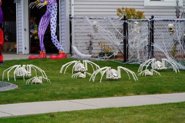 Fond du Lac, Wisconsin USA - 4 Ekim 2024: Toplumun ev sahipleri evlerini ve bahçelerini 2024 Cadılar Bayramı süslemeleri ile donattılar.