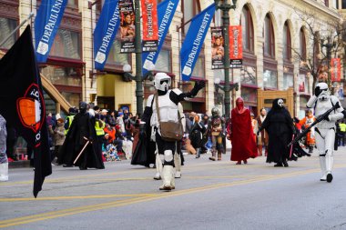 Chicago, Illinois USA - November 23th 2023: Members of the 501st Midwest Garrison dressed up in Star Wars Costumes and participated in 2023 Chicago Thanksgiving Parade clipart