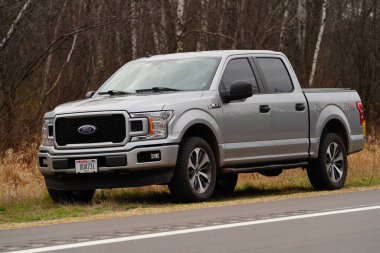 Yeni Lizbon, Wisconsin ABD - 2 Aralık 2024: Açık Gri 2020 Ford F-150 kamyonet kırsal alanda yol kenarında duruyor.