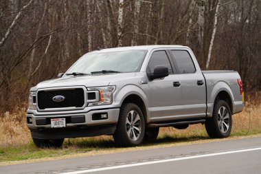 Yeni Lizbon, Wisconsin ABD - 2 Aralık 2024: Açık Gri 2020 Ford F-150 kamyonet kırsal alanda yol kenarında duruyor.