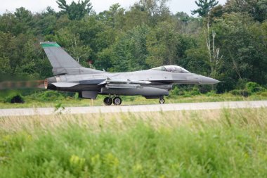Douglas Kampı, Wisconsin ABD - 9 Ağustos 2024: Birleşik Devletler Hava Kuvvetleri savaş uçakları F-35 ve F-16, Kuzey Işıklı Savaş tatbikatı sırasında Volk Hava Sahası 'na iniş yaptı..