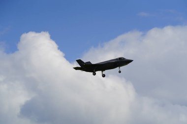 Douglas Kampı, Wisconsin ABD - 9 Ağustos 2024: Birleşik Devletler Hava Kuvvetleri savaş uçakları F-35 ve F-16, Kuzey Işıklı Savaş tatbikatı sırasında Volk Hava Sahası 'na iniş yaptı..