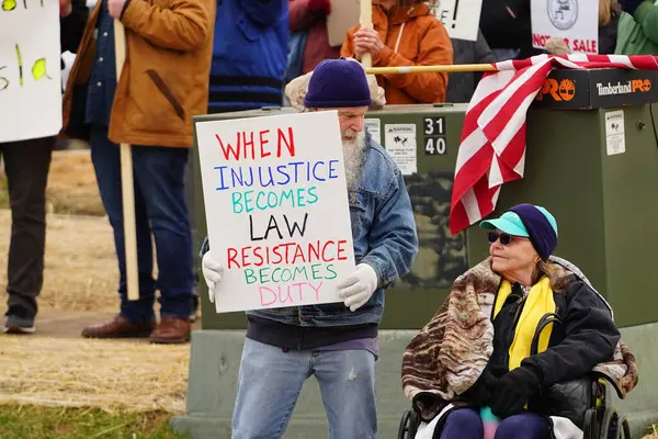 Madison, Wisconsin ABD - 29 Mart 2025: Liberal Demokratlar, Tesla Takedown ulusal etkinliği sırasında Tesla bayilik galerisi önündeki büyük bir gruptaki pankartlarla protesto ettiler.