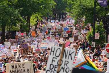 Madison, Wisconsin ABD - 14 Haziran 2025: Karma ırktan bir grup insan Krallar Yok etkinliği sırasında protesto için bir araya geldi.