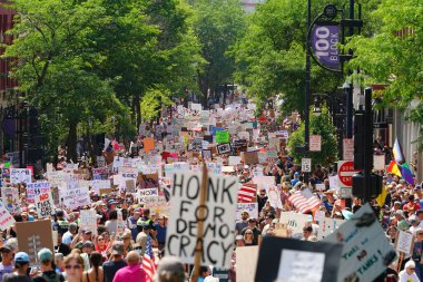 Madison, Wisconsin ABD - 14 Haziran 2025: Reklam pankartlarıyla çeşitli vatandaşlar Krallar Yok etkinliği sırasında protesto için bir araya geldi.
