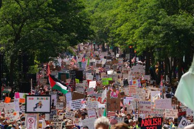 Madison, Wisconsin ABD - 14 Haziran 2025: Karma ırk yürüyüşçüleri Krallar Yok etkinliği sırasında protesto için bir araya geldi.