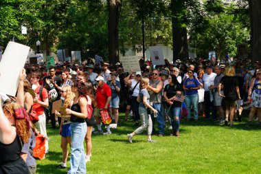 Madison, Wisconsin ABD - 14 Haziran 2025: Karma ırk insanları Krallar Yok etkinliği sırasında protesto için bir araya geldi.