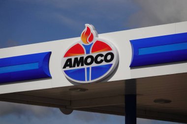 Mauston, Wisconsin USA - May 23rd, 2025: Amoco fuel station sign on a fuel station building advertising to the community.