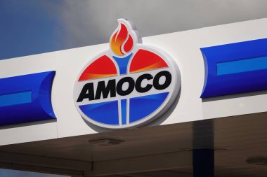 Mauston, Wisconsin USA - May 23rd, 2025: Amoco fuel station sign on a fuel station building advertising to the community.