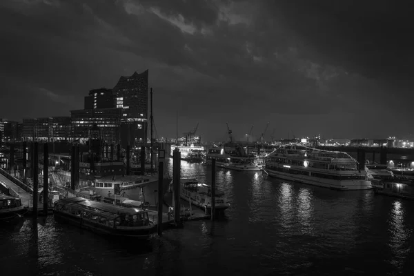 Porto Hamburgo Noite Preto Branco — Fotografia de Stock