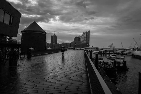 Порт Гамбург Незабаром Після Сутінок Чорно Білому — стокове фото