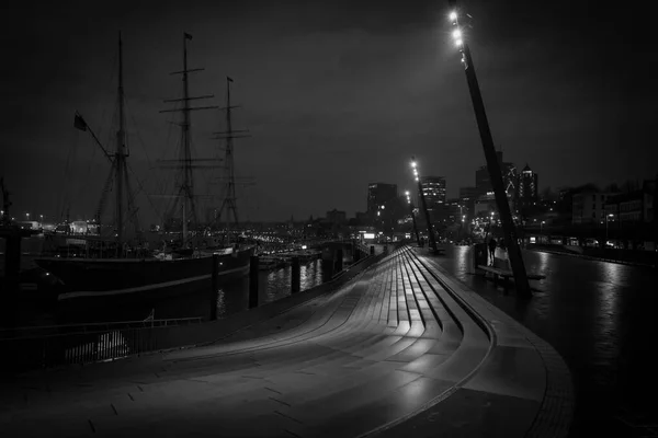 the port of Hamburg by night  in black and white