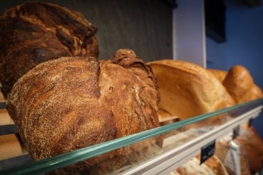 Fırında çok çeşitli taze ekmek sergileniyor.