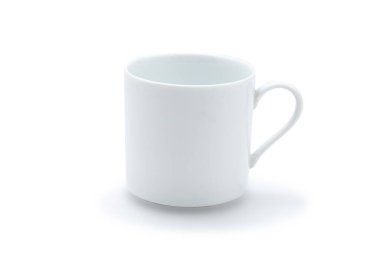 Empty white ceramic mug. Decorative flower pattern with one handle cup isolated on white background. Modern mug tea, coffee, or milk. Shiny bright color glazed vintage handmade for drinking wate
