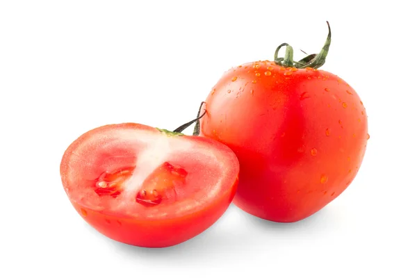 Tomates Inteiros Meio Vermelhos Folha Verde Isolada Sobre Fundo Branco — Fotografia de Stock