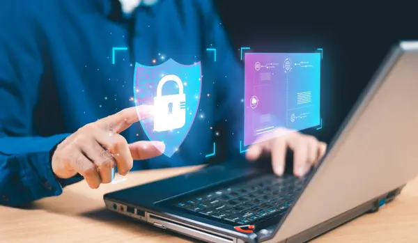 サイバーセキュリティシステムのコンセプト デジタルグローバルネットワークセキュリティ技術プロセス ビジネスデータ文書ファイルは プライバシー情報 サイバーファイアウォール コンピュータソフトウェアの安全ハッカーの脅威を保護します ストック写真