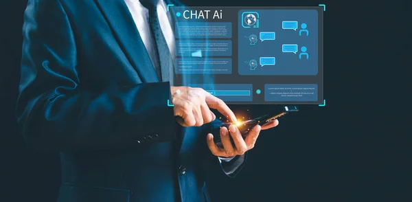 Businessman chat with robot technology screen mobile, Chatbot message answer customer question in smartphone intelligence Ai. Chat bot Artificial Intelligence concept, Open Futuristic business icon