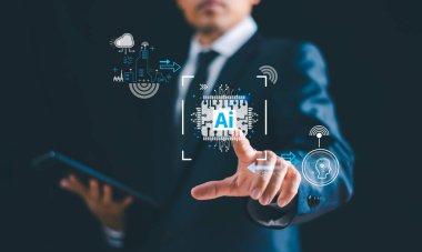 Yapay Zeka, Yapay Zeka konsepti ile sohbet. İş dünyası dijital teknolojisi akıllı robot yapay zeka, web sitesi komutu gelecekteki teknoloji dönüşüm yardımı robotu için uyarıda bulundu. Bilgisayar iletişim ağı