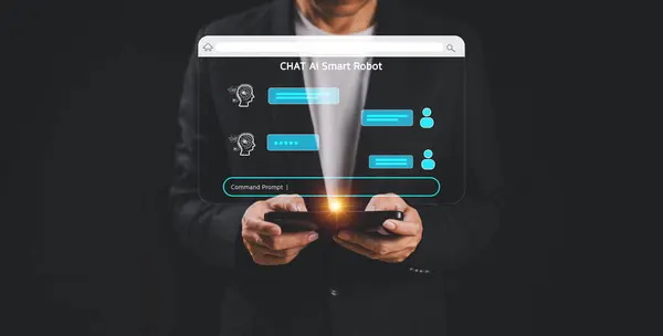 Website software Chat AI conversation support customer. Screen tech assistant message Artificial Intelligence bot technology. Modern Business connect communication smart robot digital computer concept