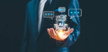 Yapay zeka, yapay zeka teknolojisi konsepti. Akıllı robot yapay zeka, gelecekteki teknoloji dönüşümü, Chatbot asistan verileri. İşadamı akıllı iş geliştirme hizmeti yönetimi gösterdi