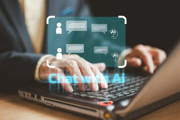 Virtual graphic Global Internet Chat with AI. Ai tech Chat bot for customer. Artificial Intelligence Futuristic technology transformation. Businessman connect Command prompt. Digital computer concept