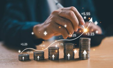 Bank interest rate, finance dividend concept. Businessman calculating income, yield return on money investment, data stock, tax graph return, retirement compensation fund, business exchange market clipart