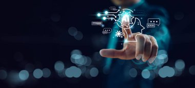 İş adamı, sanal Global Internet bağlantısı komutunu AI işlemcisini üretimler için Chat 'e yönlendir. Ai teknolojisi, Yapay Zeka gelecekteki insan eli teknolojisi dönüşümü.