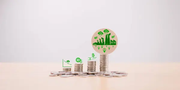 カーボンクレジットグリーンビジネスコンセプト 銀行は持続可能な排出のための資金投資を行っている 緑の葉のフットプリントアイコン Esg 低Co2グリーンチェンジ ボンド株式市場取引 税金ファンド取引 ストックフォト