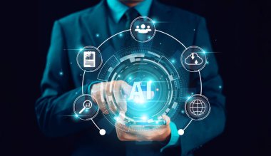 Yapay zeka, yazılım bilgisayar sitesi oluşturur. İşadamı, uzman teknolojisi AI ile iş yapıyor. Sohbet robotu, sohbet yapay zekası, CRM kodu. Büyük veri teknisyeni analiz arkaplanı  