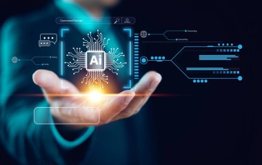 Yapay zeka iş konseptine yardımcı olur. Yapay zeka teknolojisi yardımı. Teknoloji müşteri hizmetleri. İş adamı robot Sohbet Yapay Zekası 'nı bağlıyor, komut iletisi geleceksel dönüşüm yaratıyor