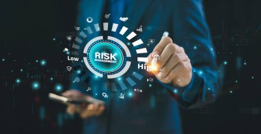 Businessman touch risk management. Assessment business investment concept. Plan matrix control technology. Internet network forecast evaluation, international financial security strategy background
