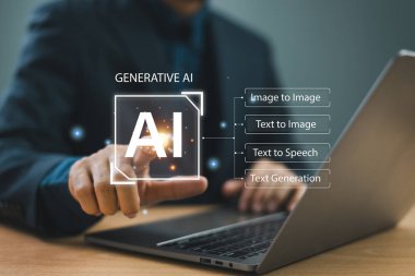Yapay zeka teknolojisi, yapay zeka konsepti. Chatbot insanlarla sohbet ediyor. İşadamı iş görüntüsü içeriği oluşturmak için komut yoluyla akıllı robot yapay zeka kullanıyor. Gelecekçi teknoloji geliştiricisi
